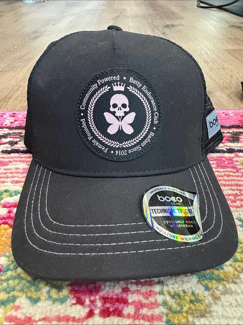 Betty Designs Black Snapback Hat with Pink Skull Logo NWT